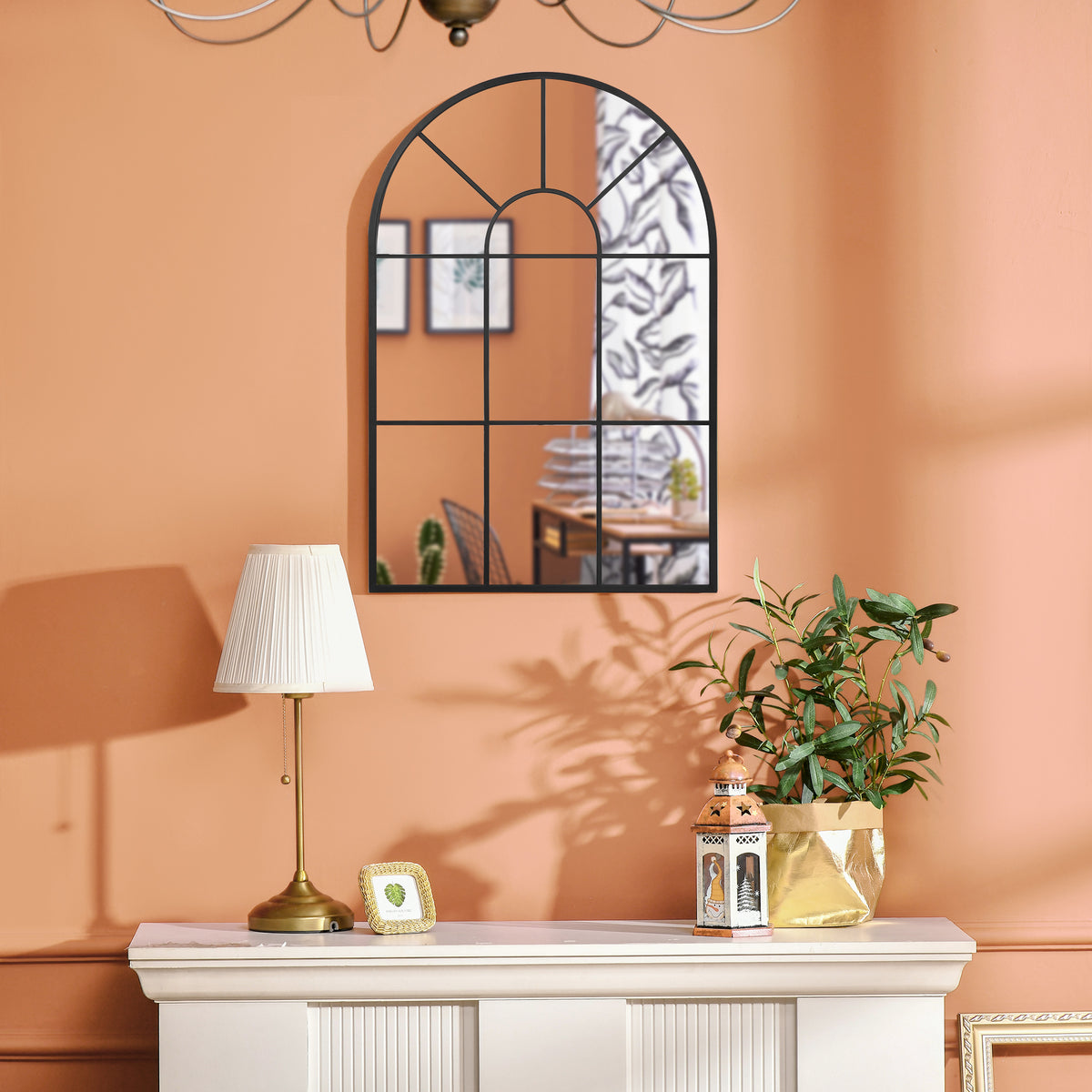 Miroir mural arqué 91x60cm, verrière arche industriel, fenêtre cadre métallique, salon, chambre, couloir, noir-4