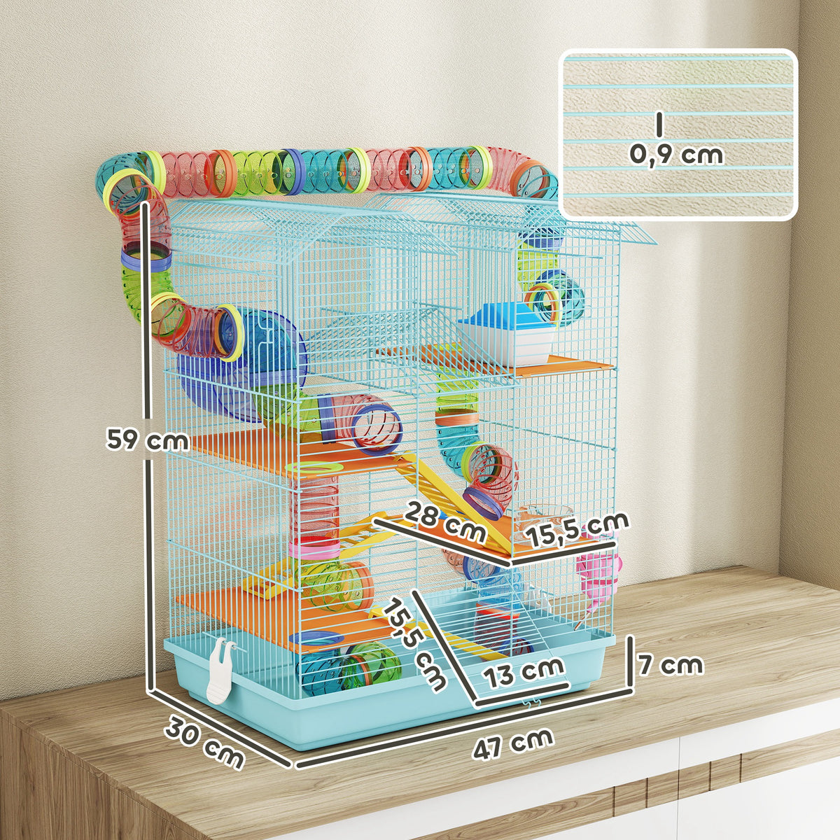 Cage pour hamster souris petit animaux rongeur avec tunnel mangeoire roue jouet 47 x 30 x 59 cm bleu clair-2