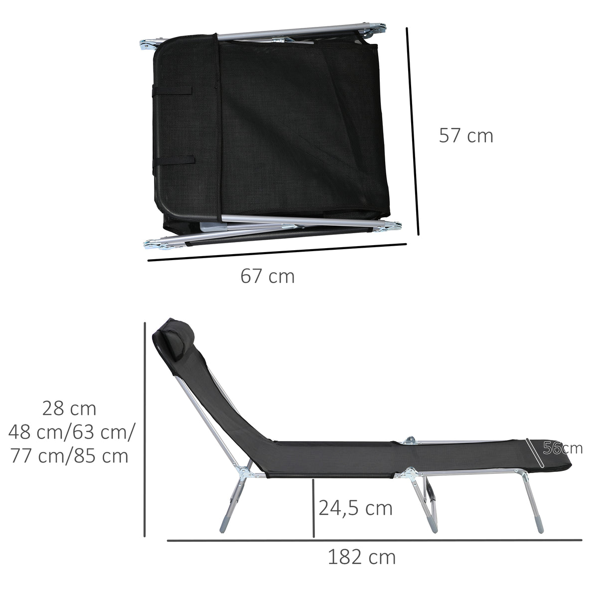 Bain de soleil transat chaise longue inclinable pliable avec oreiller dossier réglable sur 5 niveaux noir-2
