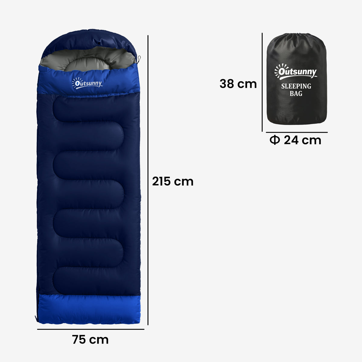 Sac de Couchage Adulte, avec Section Tête, Fermeture Éclair et Sac de Rangement, 300 g/m², 215x75x10cm, Bleu Marine-2