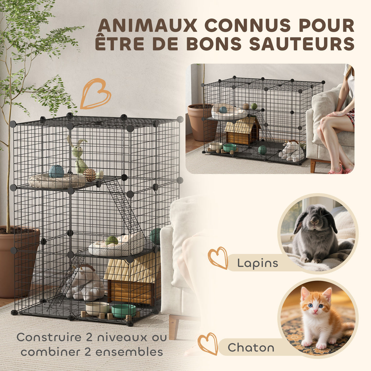 Enclos pour petits animaux, cage à lapin modulable 3 niveaux, 39 panneaux avec rampes, en métal, 70 x 70 x 105 cm, noir-6