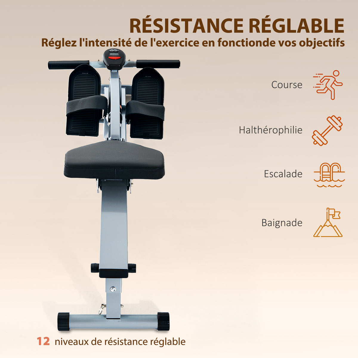 Rameur Hydraulique à 12 Niveaux de Résistance, Rameur d'Appartement avec Écran LCD, Pédale Antidérapante, Charge 100 kg, pour Maison, Salle de Gym, l'Équipement d'Entraînement d'Intérieur, Noir-3