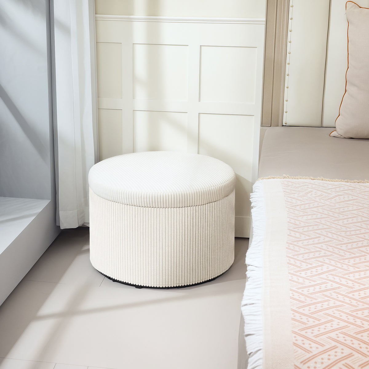 Pouf coffre rangement, tabouret rond, pouf repose-pieds en velours côtelé, charge 120 Kg, Ø 60 x 41 cm, beige-9