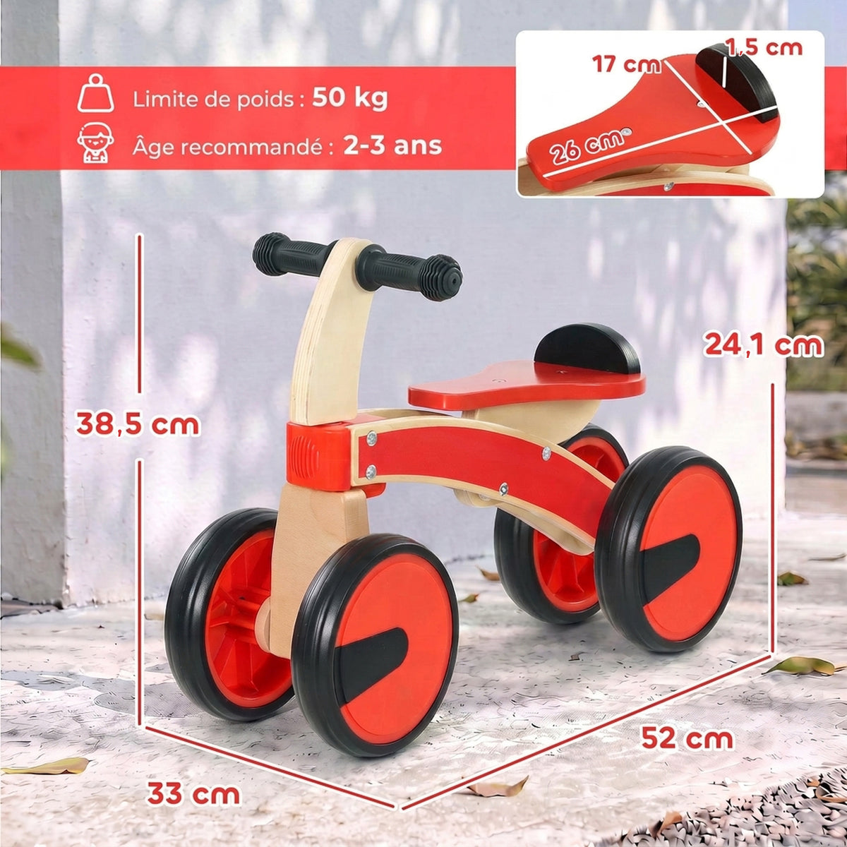 Voiture Porteur pour Enfants, Véhicule à Pousser Sans Pédales avec Roues en EVA et Dossier, 2 à 3 Ans, Rouge-2