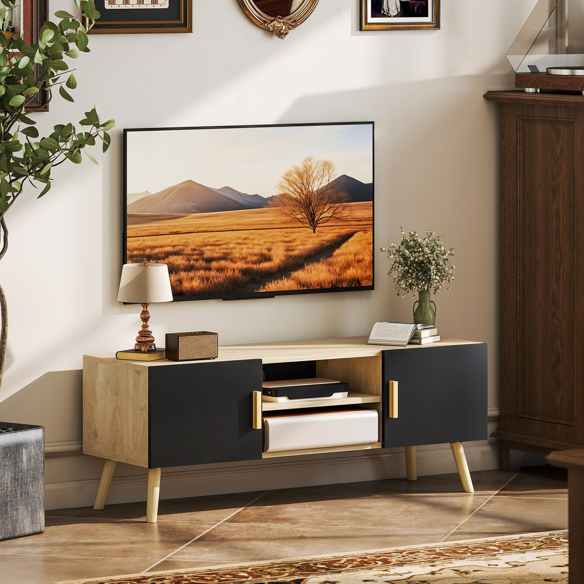Meuble TV meuble télé bois banc TV jusqu'à 50 pouces avec étagères, 2 placards et passe-câbles, chêne-7