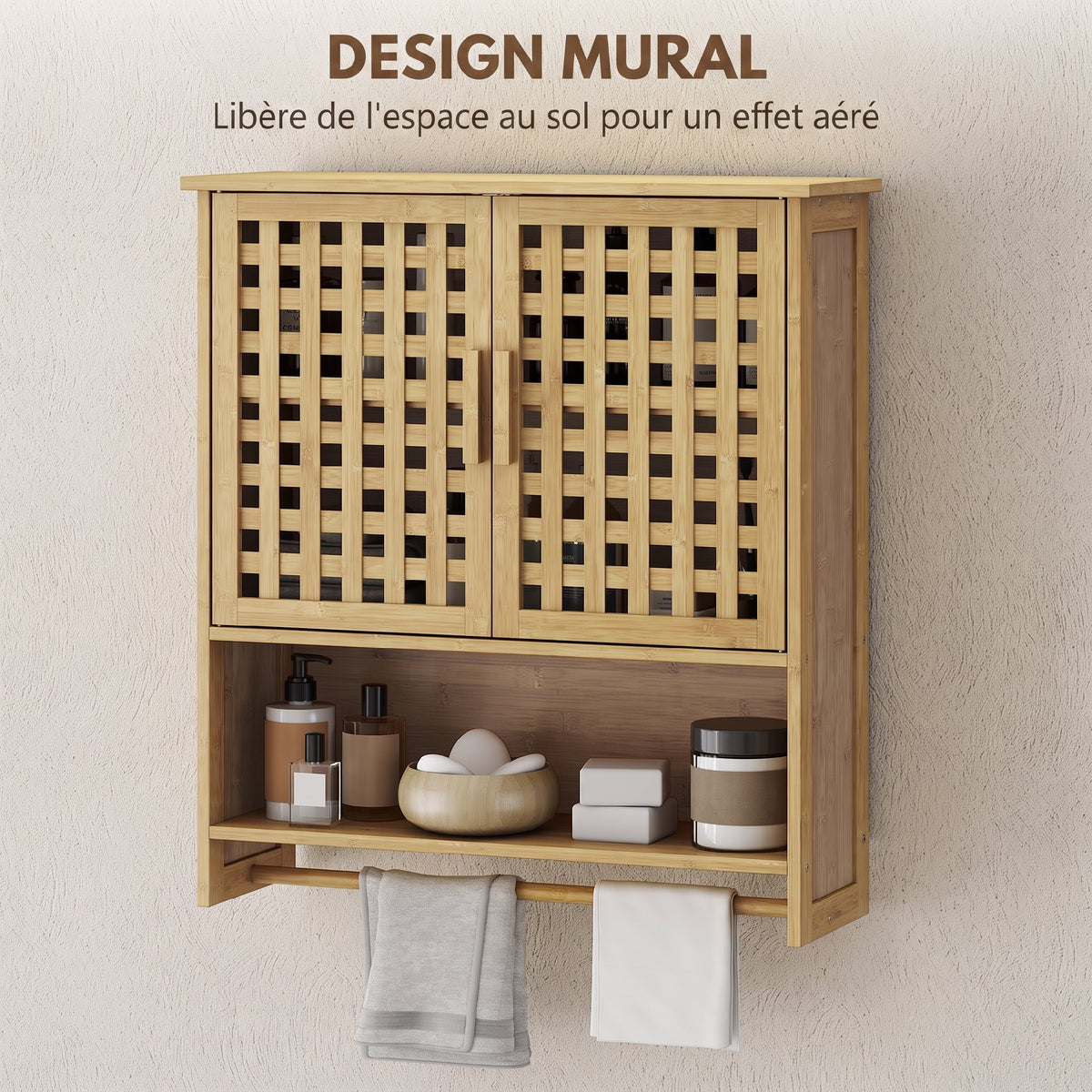 Armoire murale de salle de bain en bambou avec 2 portes ajourées, compartiment ouvert et étagère réglable, bois naturel-4