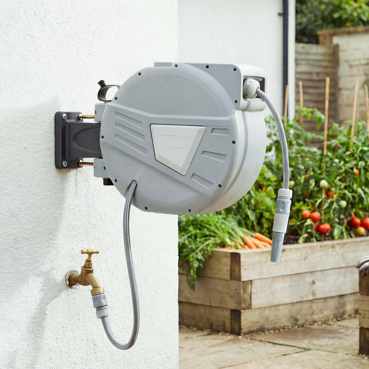 Enrouleur Tuyau Arrosage Mural 20+1,6m x Ø 15mm, Dévidoir de Tuyaux d'Eau Rétractable Automatique Pivotant à 180°, Gris-1