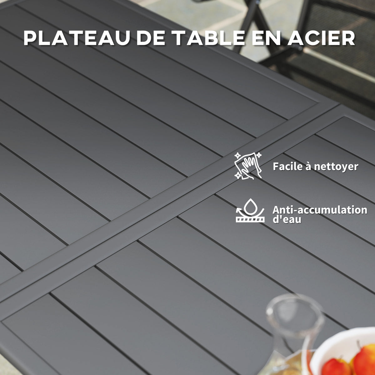 Table à manger de jardin pour 6 personnes avec plateau à lattes pour jardin, patio, terrasse, 150 x 80 x 74 cm, gris-4