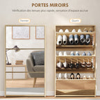 Meuble à chaussures 9 paires, armoire à chaussures étroite, 3 tiroirs rabattables portes miroirs, 65x17x114,5cm naturel-4
