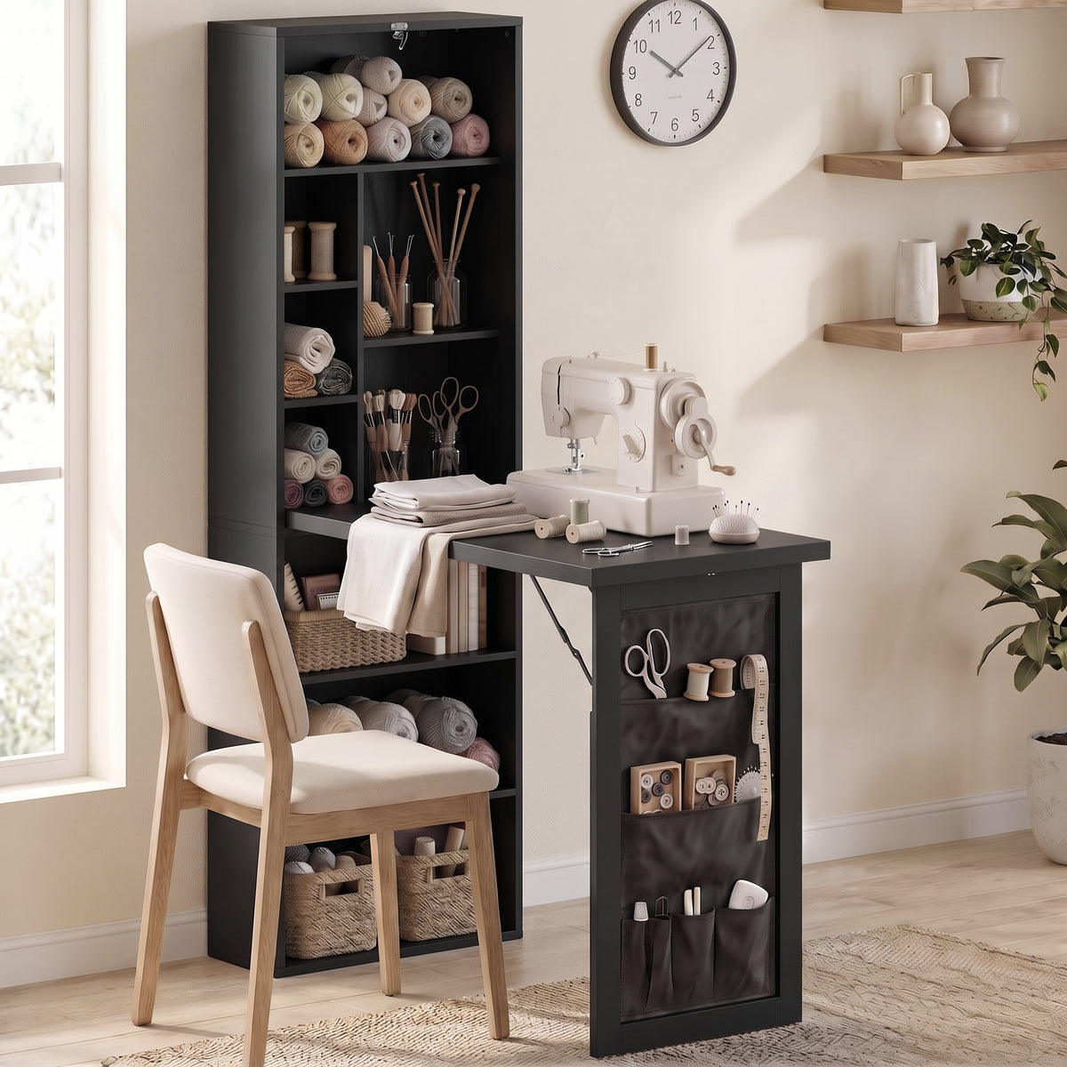Bureau Informatique Pliable avec Pochette Suspendue, Compartiments Ouverts et Étagère Réglable, Noir-8