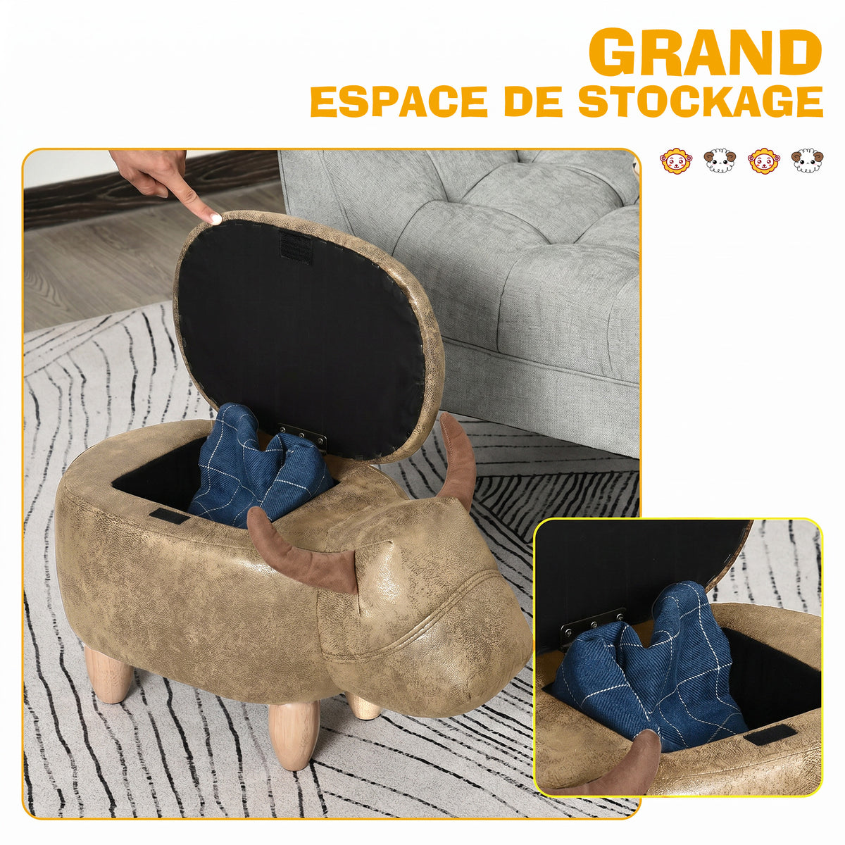 Tabouret Vache - Pouf Vachette - Pouf Taureau Coffre de Rangement 2 en 1 - Pieds Bois d'hévéa revêtement synthétique Aspect Daim Vieilli Marron-4