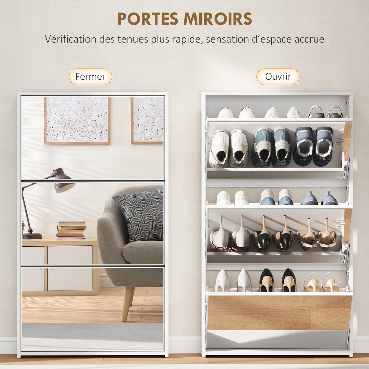 Meuble à chaussures 9 paires, armoire à chaussures étroite, 3 tiroirs rabattables et portes miroirs, 65x17x114,5cm blanc-4