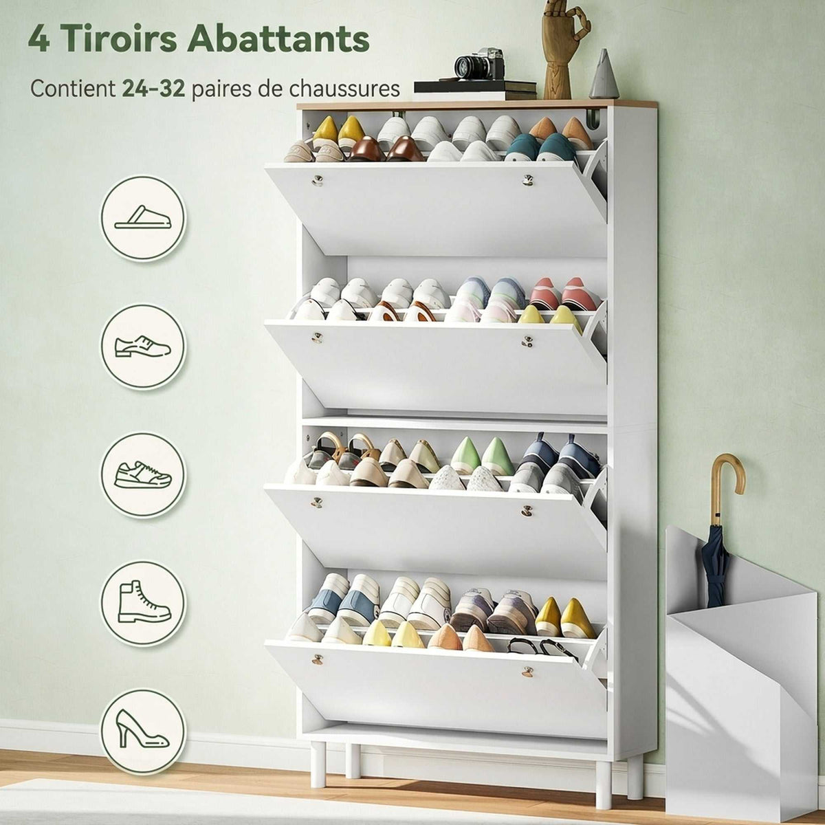 Meuble à Chaussures 32 Paires avec 4 Tiroirs Rabattables, Étagères Réglables, Moderne, 80 x 23,5 x 157 cm, Blanc-3