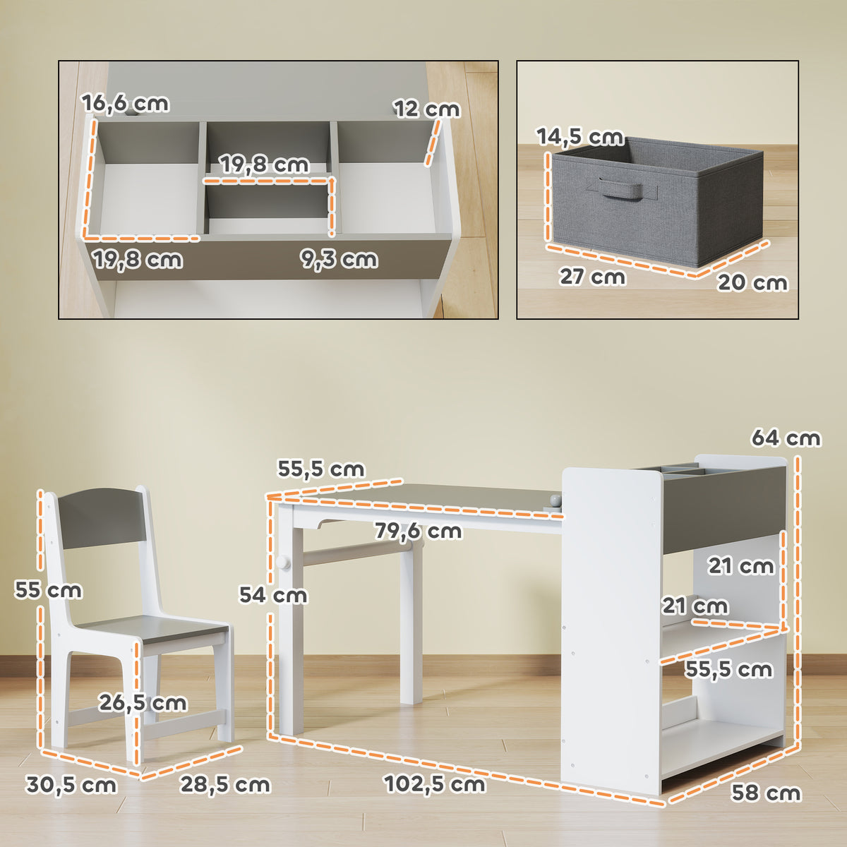 Ensemble table et 2 chaises enfant en bois avec rouleau de papier, étagères et tiroirs, pour fille garçon 3-8 ans, gris-2