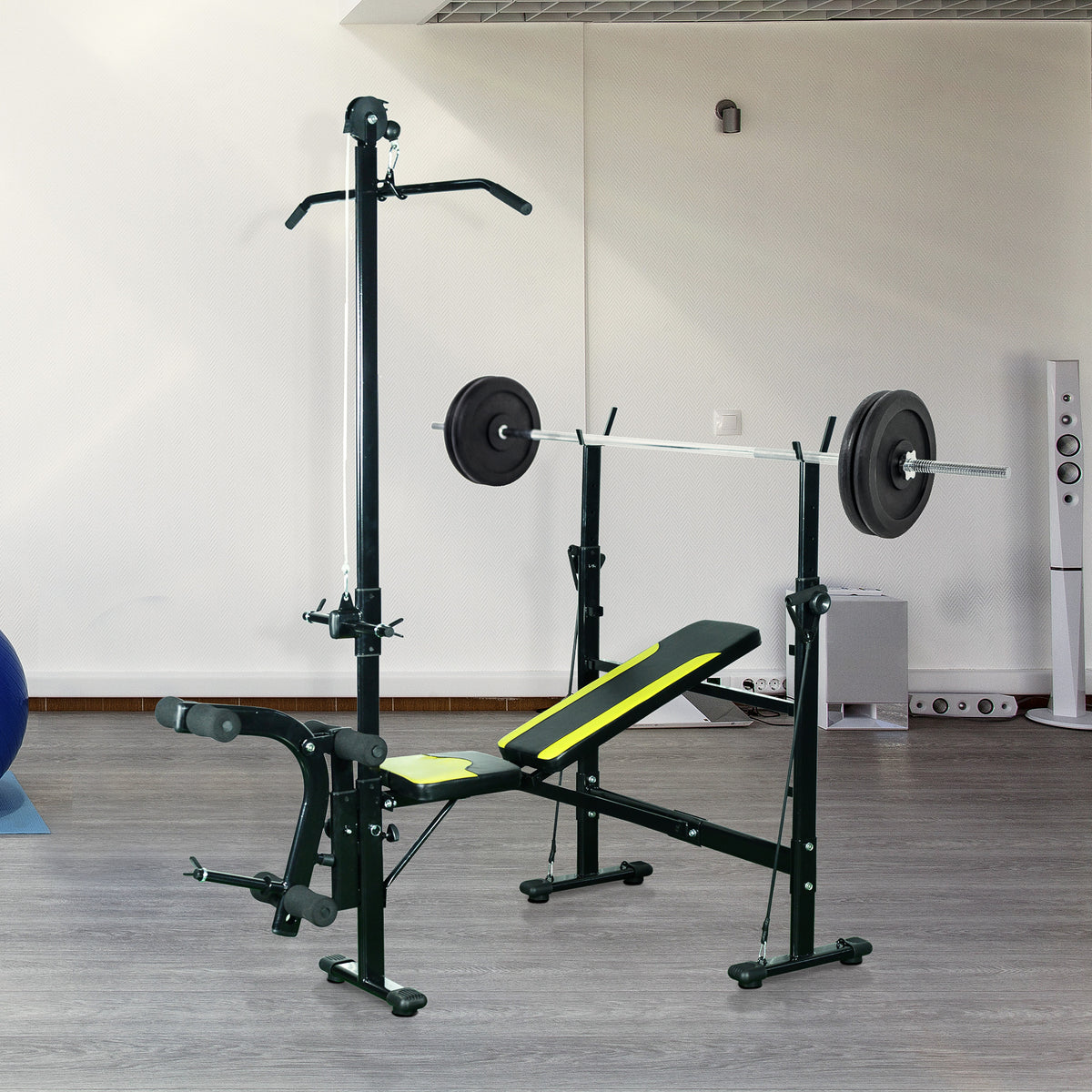 Banc de musculation Fitness entrainement complet dossier réglable cordes traction curler supports barre et haltères noir et jaune-1