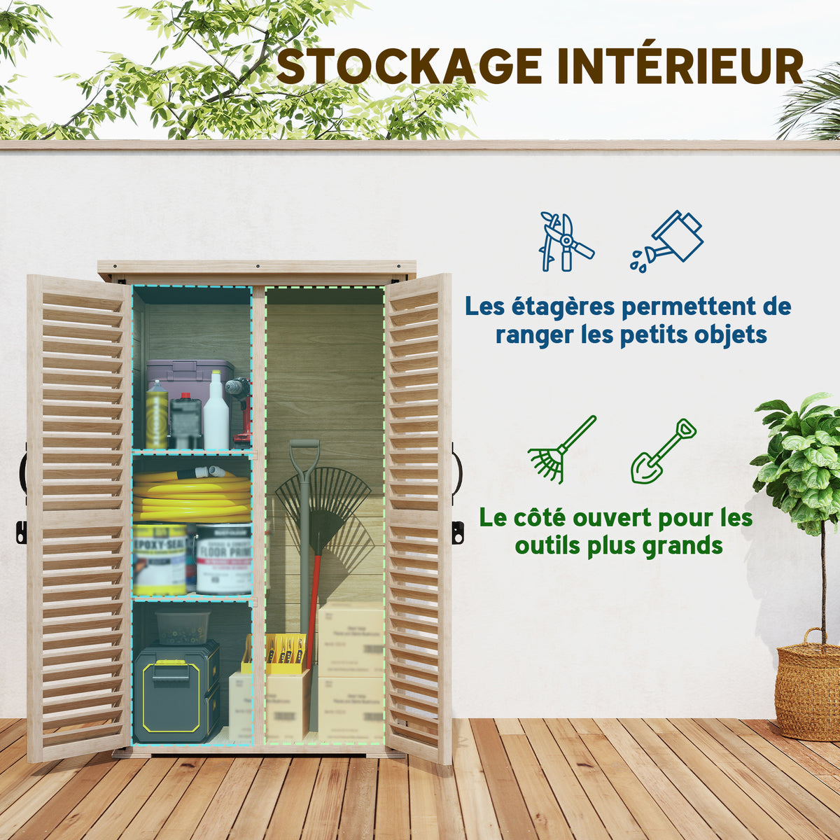 Armoire de jardin remise pour outils en bois 2 étagères toit bitumé portes persiennes verrouillable 75 x 50 x 118-3