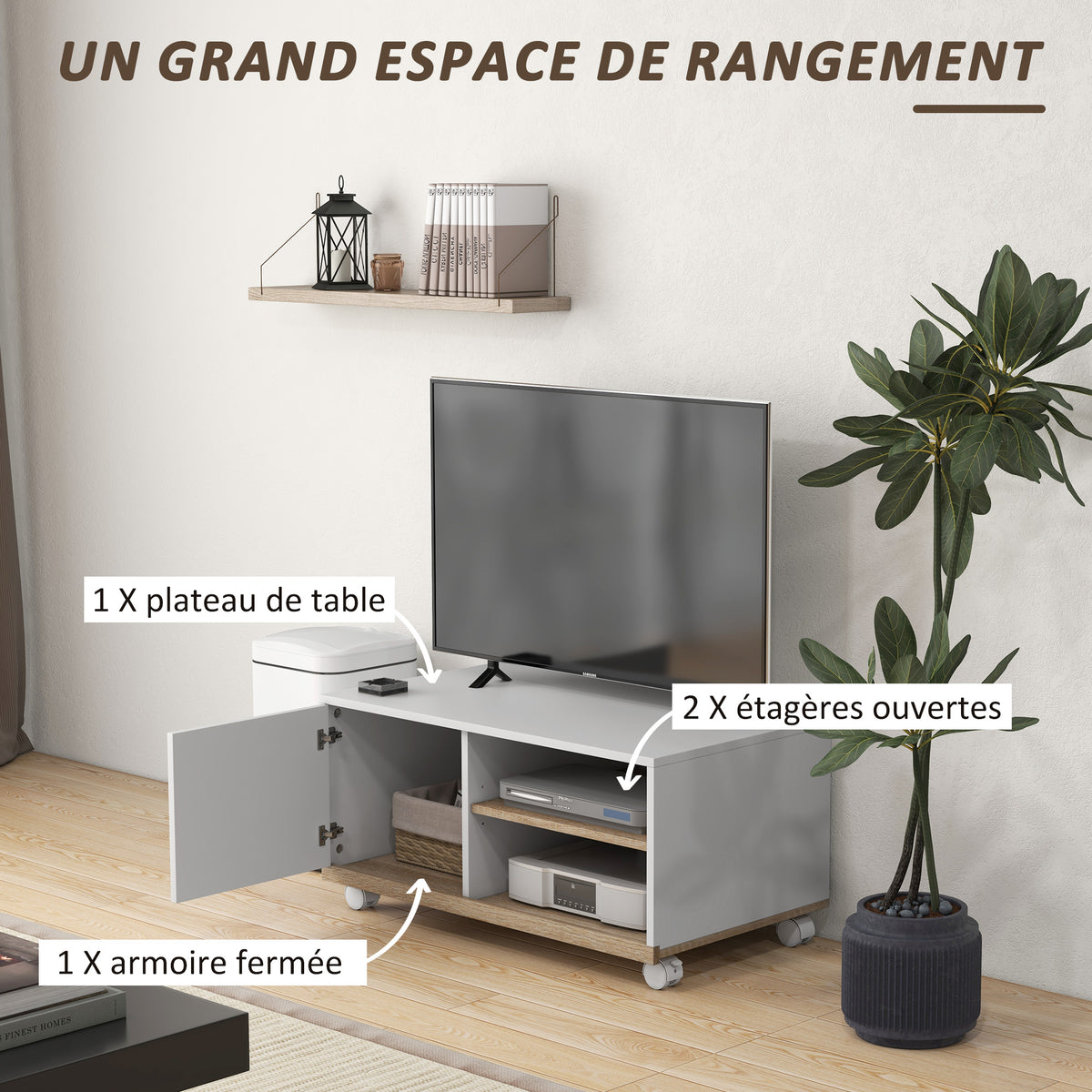 Meuble TV sur roulettes avec 2 Freins - 2 niches + Placard Porte 2 Passe-Fil - en bois Blanc chêne Clair-4