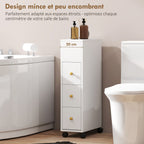 Meuble de salle de bain à roulettes, meuble de rangement étroit, 3 tiroirs, 5 compartiments ouverts, 20x40x80cm, blanc-6