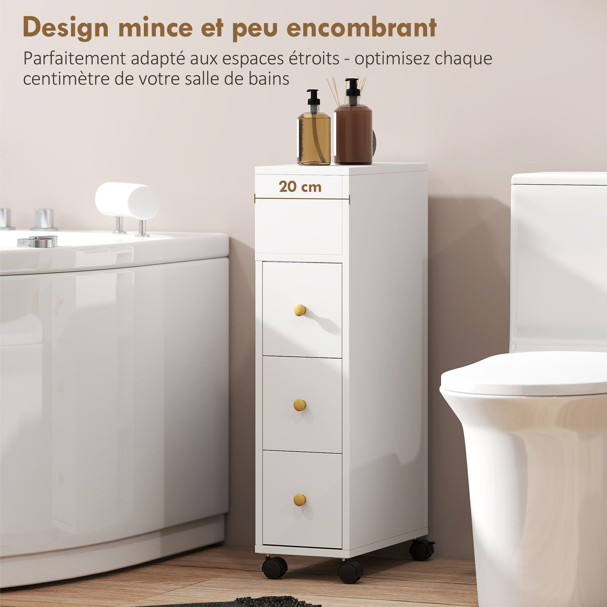 Meuble de salle de bain à roulettes, meuble de rangement étroit, 3 tiroirs, 5 compartiments ouverts, 20x40x80cm, blanc-6