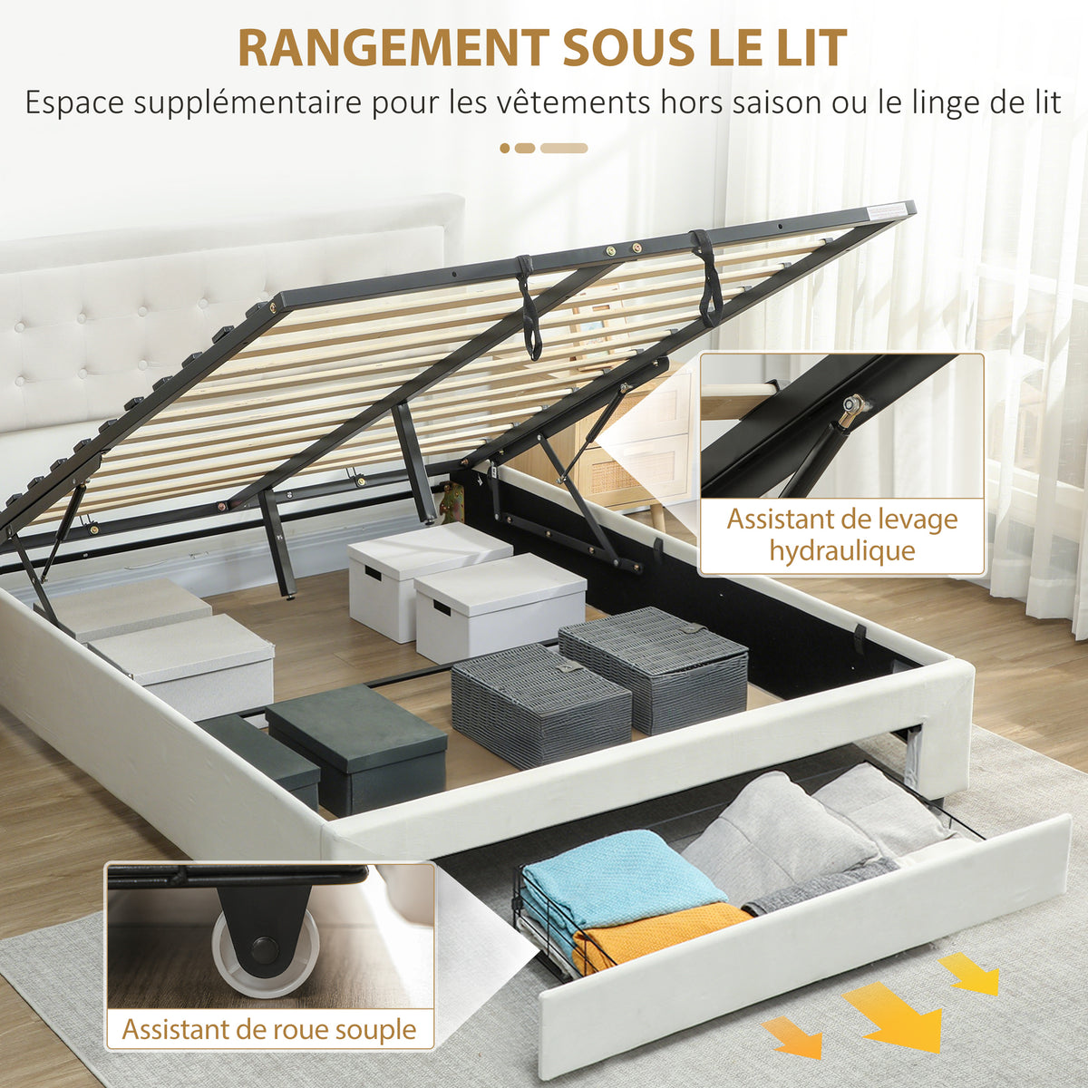 Cadre de lit double sommier coffre à vérins, tiroir à roulettes, tête de lit réglable capitonnée effet velours, crème-3