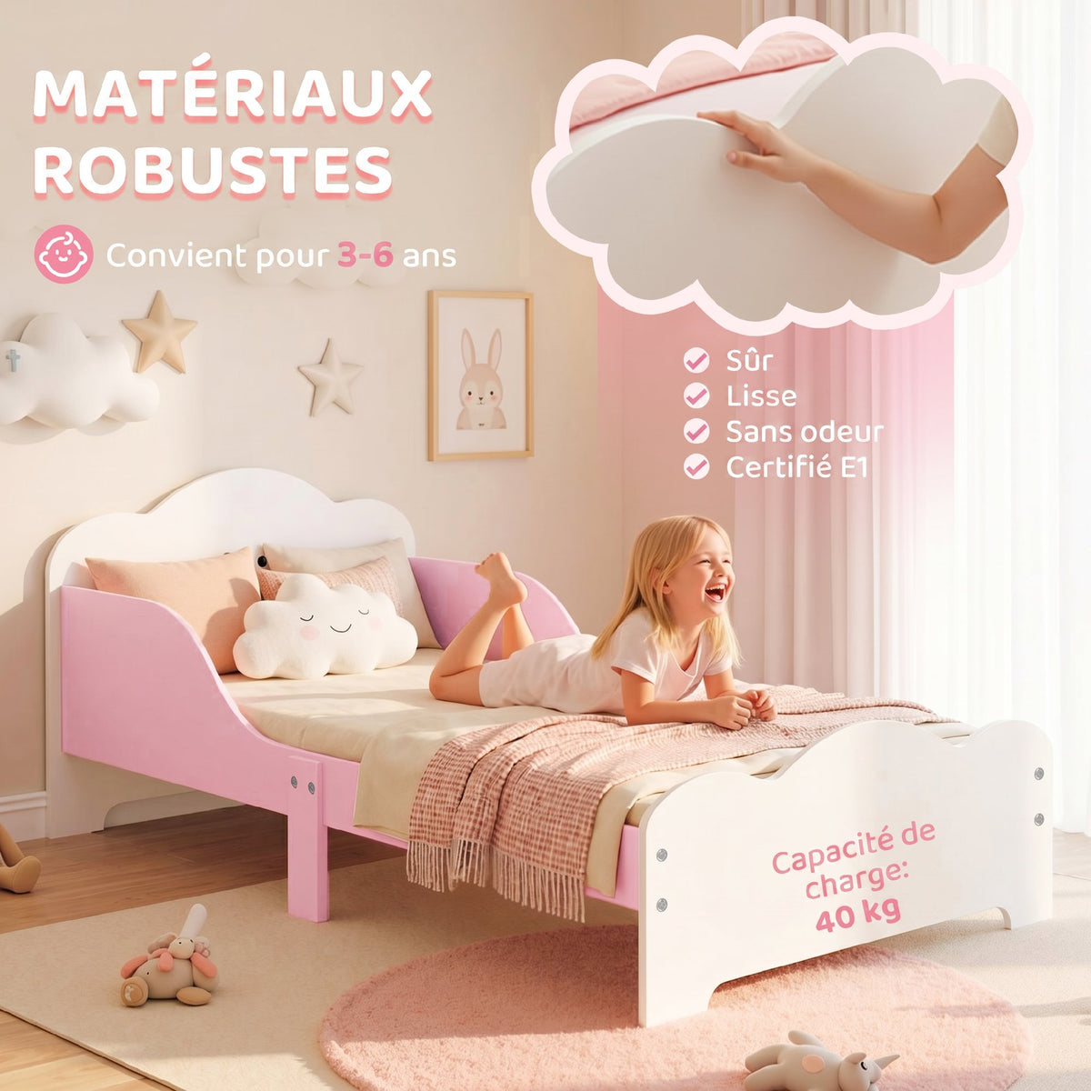 Lit enfant 70 x 140 cm, lit pour enfant avec barriere de securite et sommier à lattes en bois, rose (matelas non inclus)-5