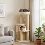 Arbre à Chat Multi-Niveaux avec Tonneau, Double Niche, Lit, Plateforme, Poteaux à Griffer en Sisal, 55x39x90cm, Beige-9