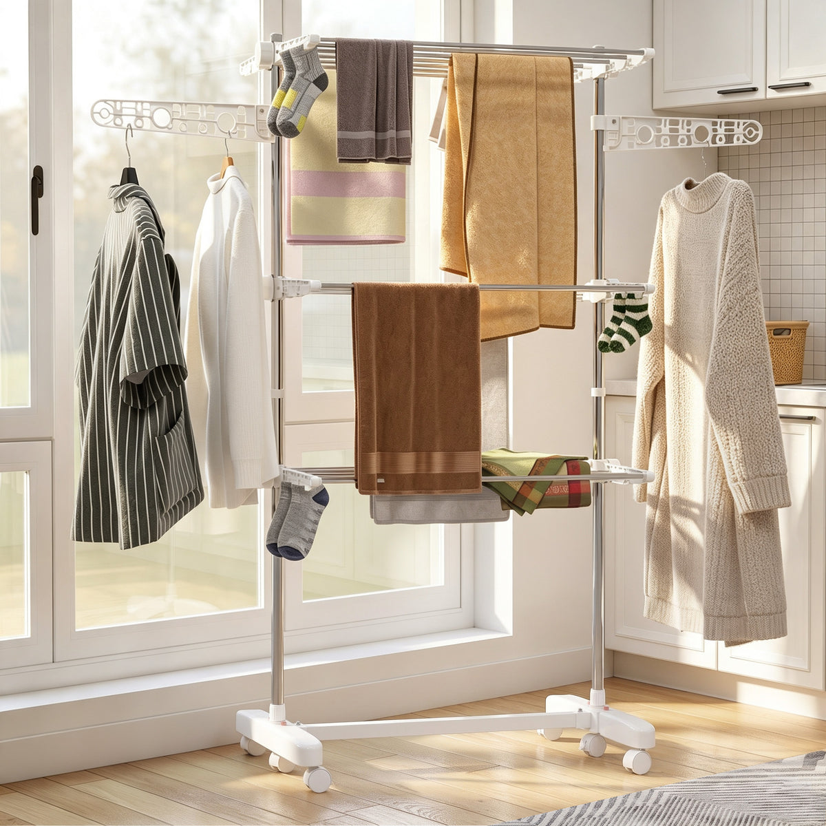 Étendoir Linge 3 Niveaux, Sechoir a 6 Roulettes, Pliable, cadre acier Inoxydable Extérieur, 142x55x152cm, Blanc-1