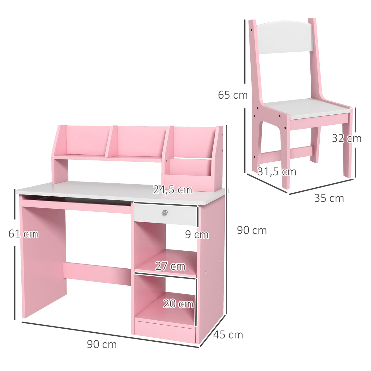 Bureau enfant avec chaise ergonomique avec clavier coulissant tiroir niches et étagères ouvertes 90 x 45 x 90 cm rose-2
