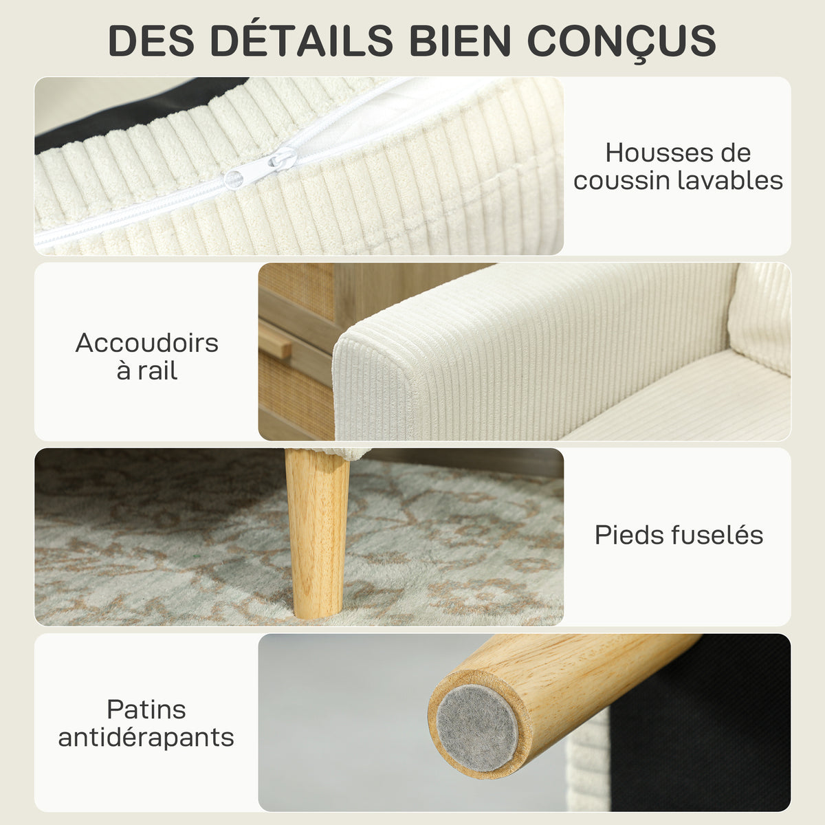 Canapé 3 places en velours côtelé, canapé avec coussins à ressorts et assise rembourré, 192x80x84,5cm, beige-5