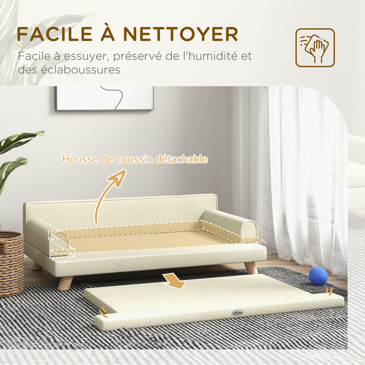 Canapé pour chien chat design scandinave coussin moelleux amovible pieds bois massif 100 x 62 x 32 cm beige-4