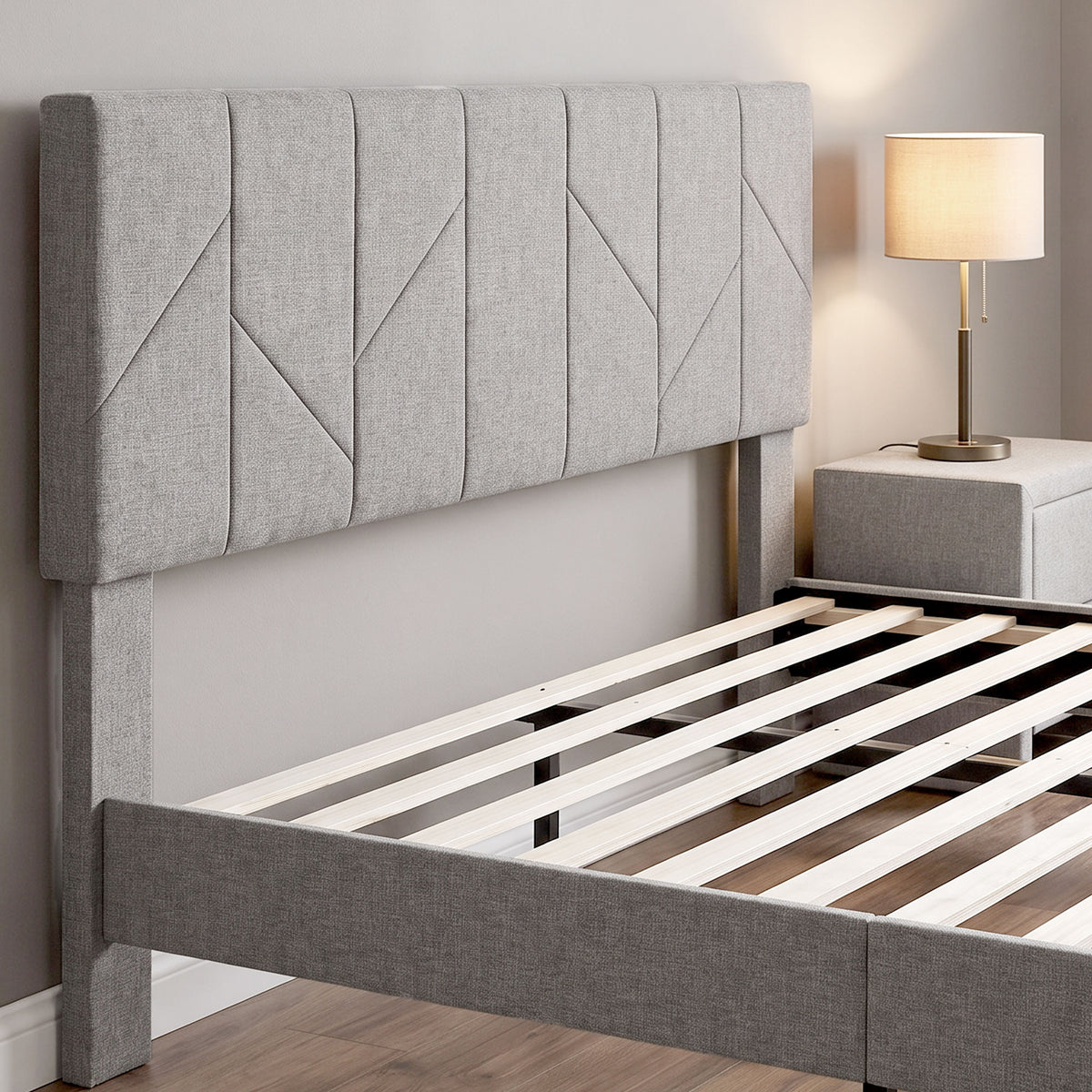Cadre de Lit 140 x 190 cm avec Sommier et Tête Réglable, Lit Double Rembourré en Lin, Rangement au-dessous, Gris-9