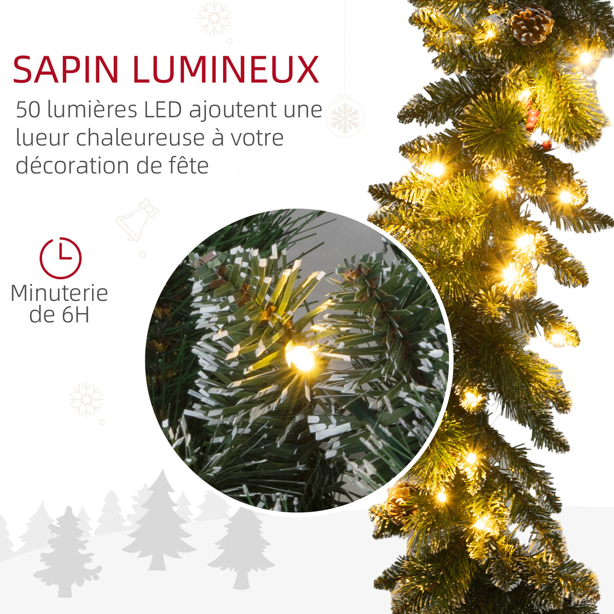 Guirlande de Noël artificielle lumineuse de 1,8 m avec pommes de pin, grappes de baies, 50 lumières LED et minuterie-4