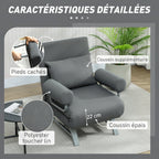 Fauteuil Convertible 1 Place, Fauteuil-Lit Pliable Rembourré en Lin avec Dossier Réglable, Oreiller, Gris Foncé-5