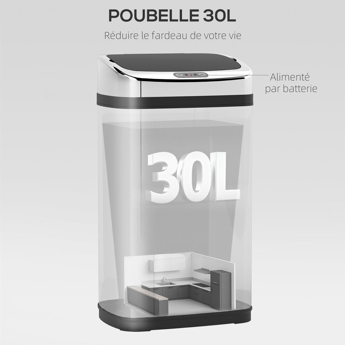 Poubelle de cuisine automatique 30L acier inoxydable, poubelle à capteur de mouvement avec couvercle, 33x25x58cm, argent-3