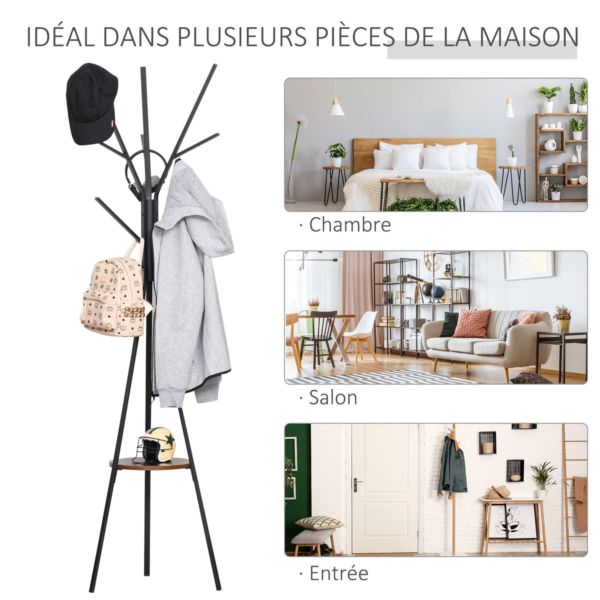 Porte-manteau trépied design contemporain branches étagère + 9 patères dim. 45L x 45l x 180H cm métal marron-5