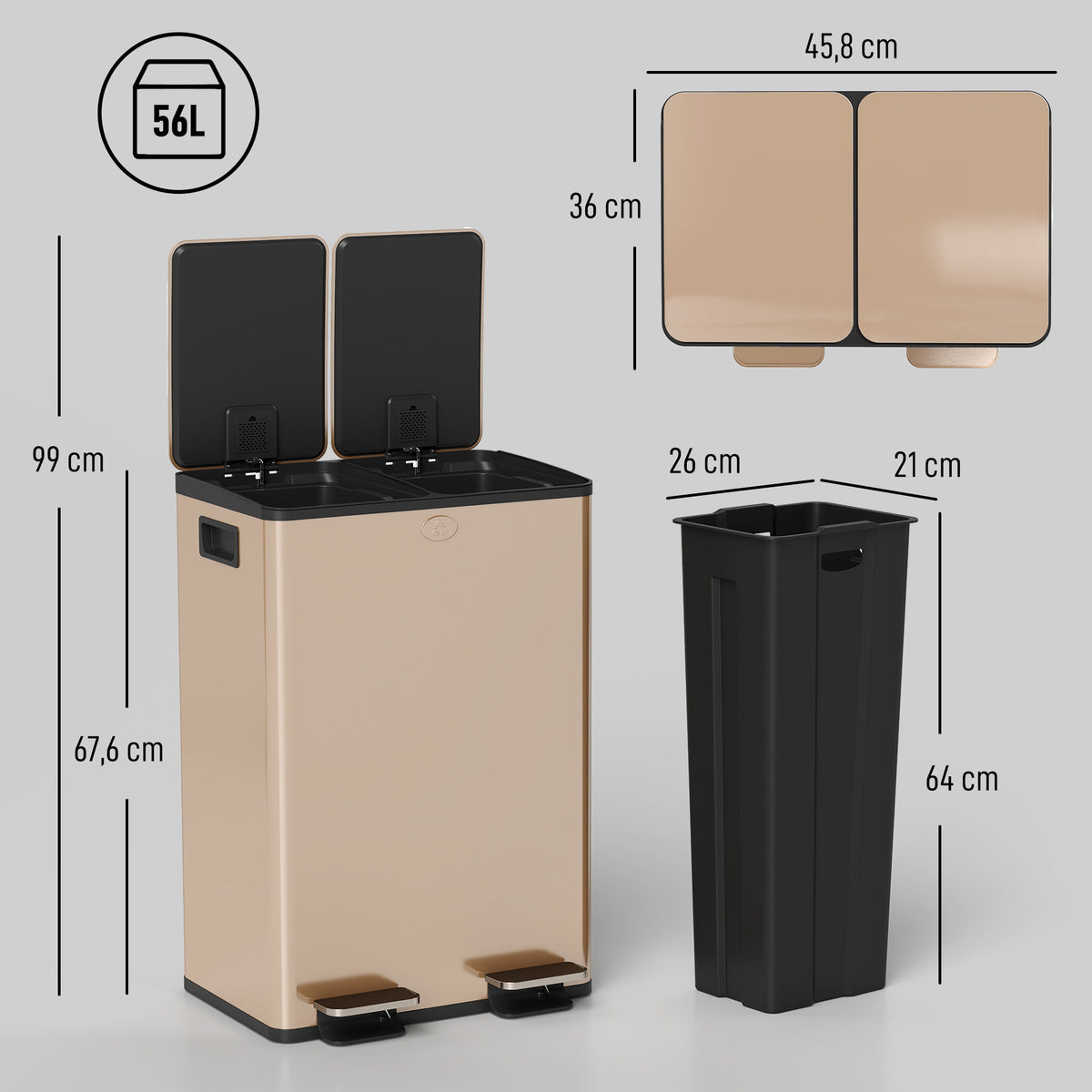 Poubelle de cuisine 2 compartiments de 2 x 28L, acier inoxydable, couvercle à fermeture douce, 45,8x36x67,6cm, or-2