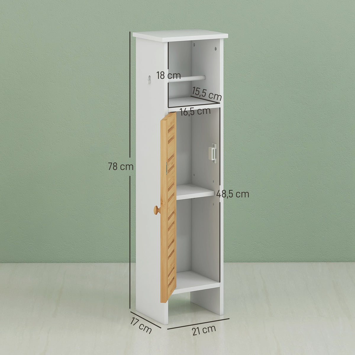 Meuble de salle de bain avec support papier toilette barre amovible 3 Niveaux + Sortie Papier, 78H cm, Bambou blanc-2