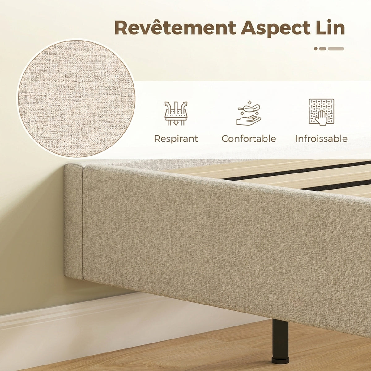 Lit Flottant 160 x 200 cm avec Éclairage LED Intelligent, Cadre de Lit Double Rembourré en Lin, Montage Facile, Beige-5