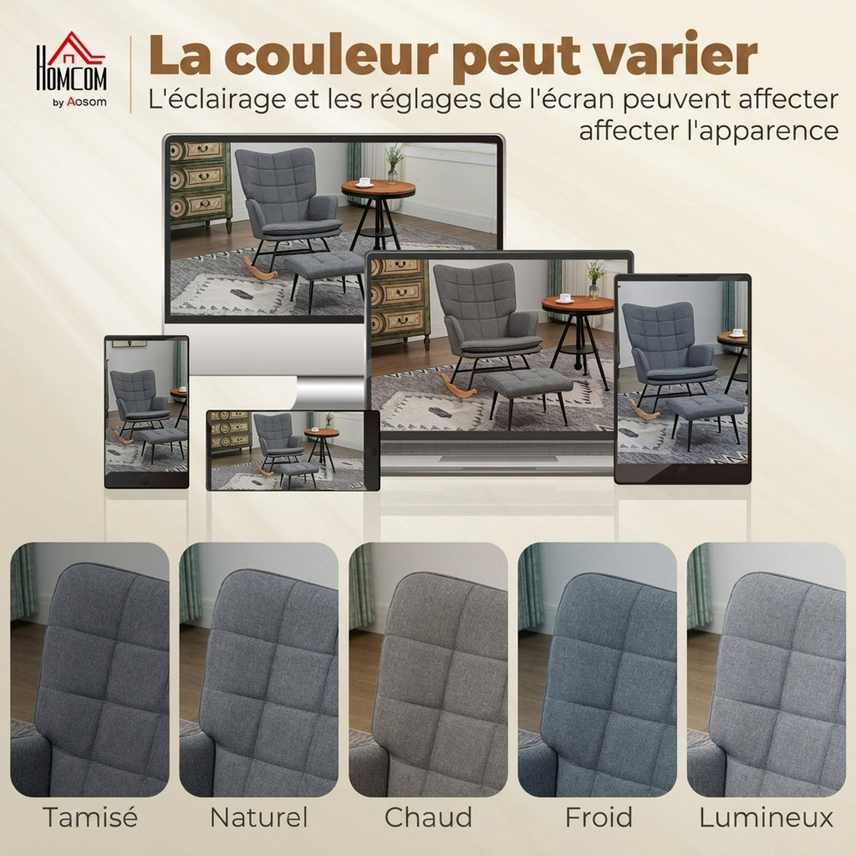 Fauteuil à bascule avec repose-pieds, rocking chair, assise large, dossier haut, coussin inclus, 64 x 89 x 90 cm, gris-6