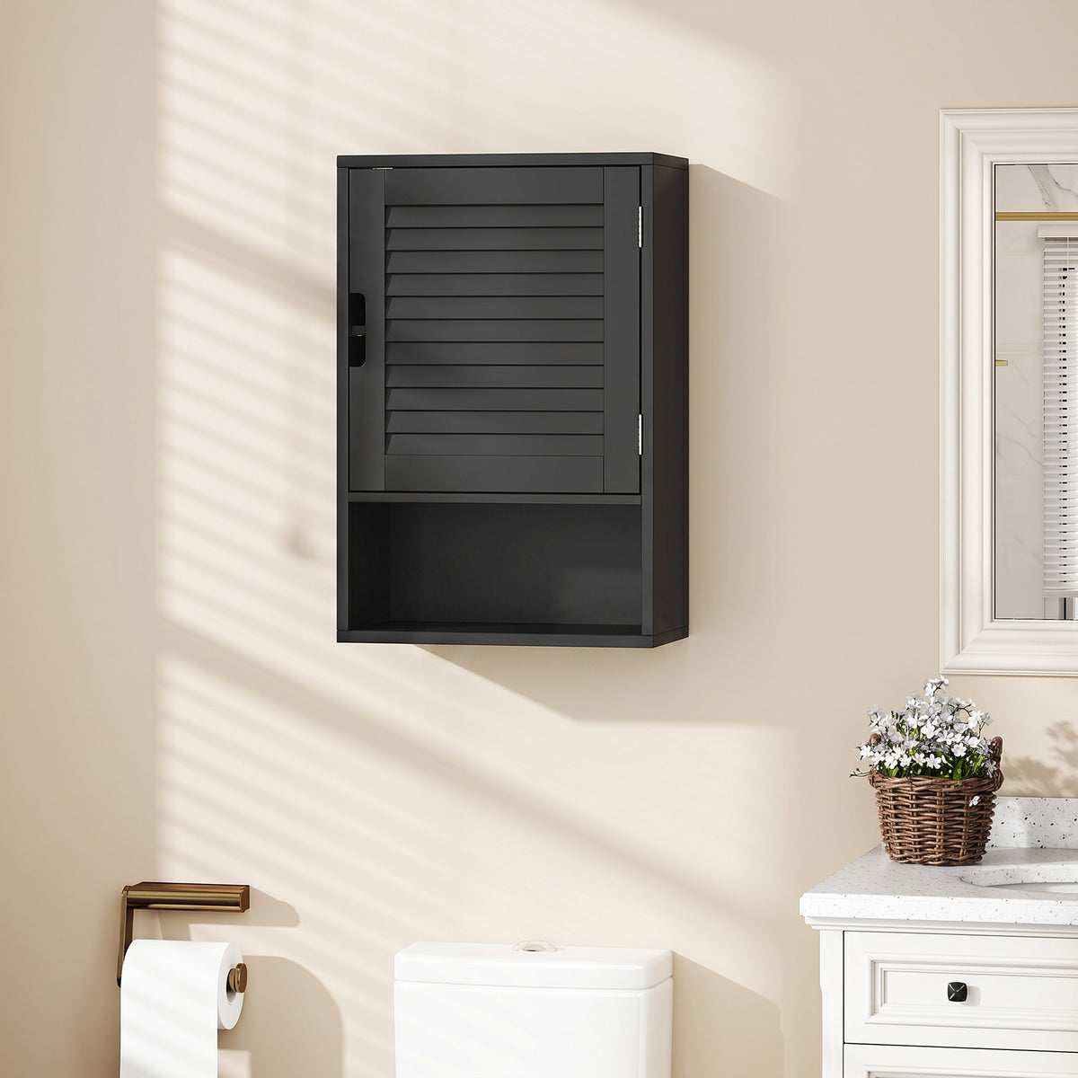Armoire murale de salle de bain avec porte à lattes, étagère réglable et compartiment ouvert, 40x20x60cm, noir-1