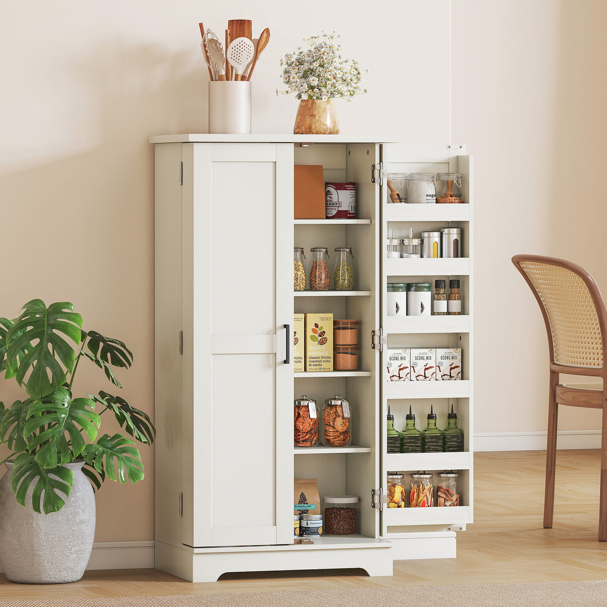 Buffet cuisine armoire de cuisine 5 niveaux avec portes et étagères réglables 60l x 40P x 120H cm grain de bois crème-9