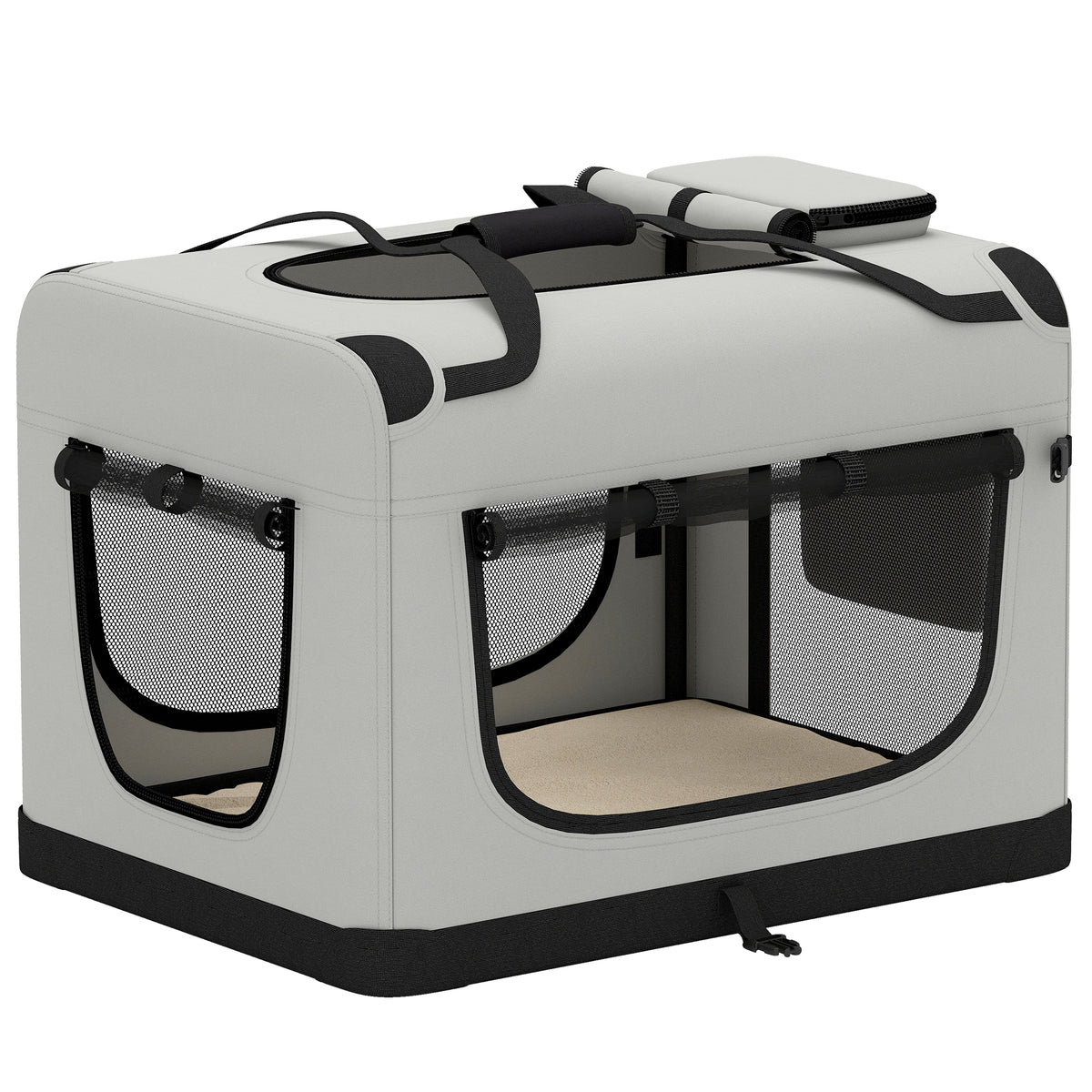 Grand Sac Transport Chat Chien Plaible Respirant Sangle Sécurité Coussin Lavable Gamelle Pliable 81x56x58cm Gris Clair-0