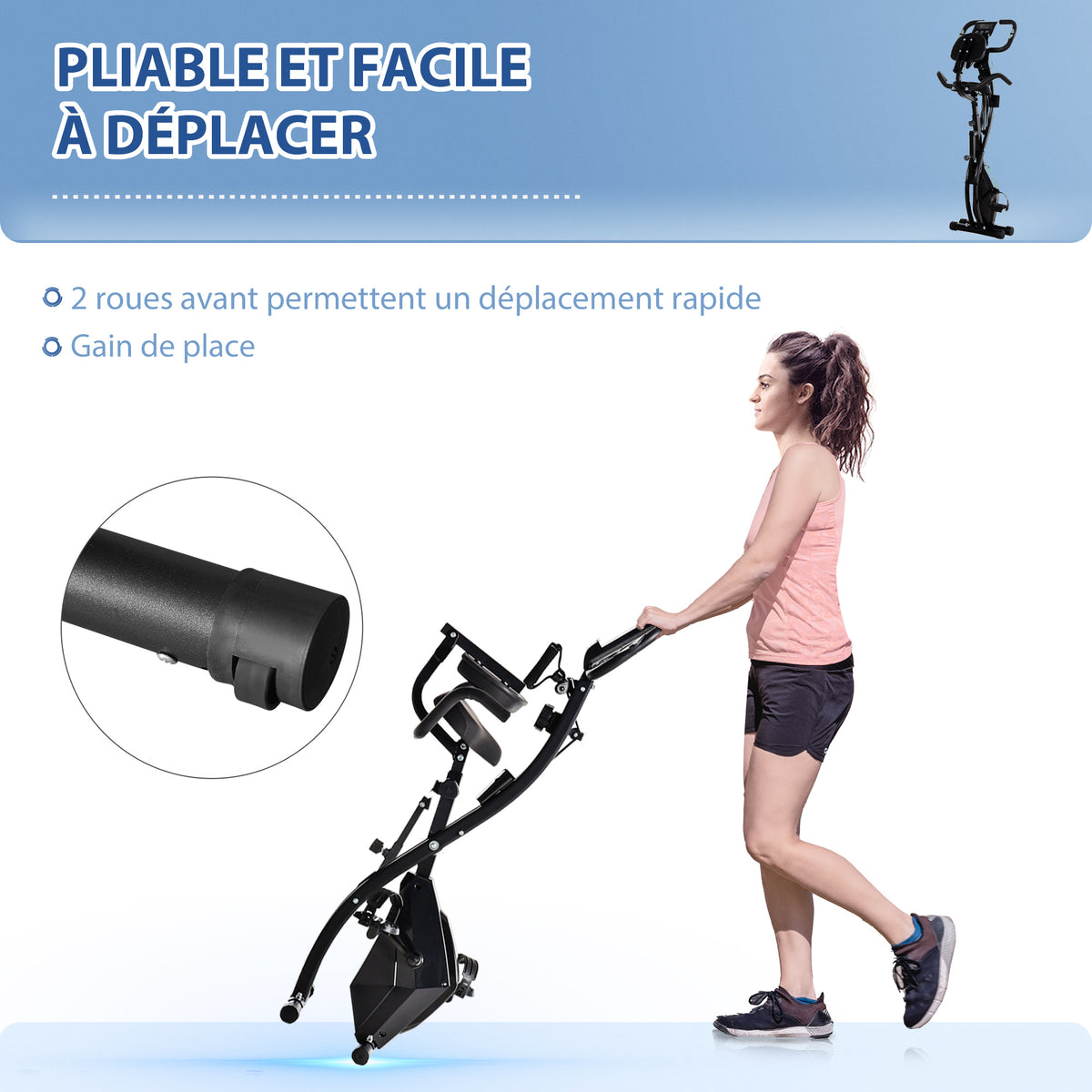 Vélo d'Appartement Pliable 4-en-1 - Ergomètre Magnétique Silencieux avec Cordes de Résistance - Sport Maison et Cardio-training avec Roulettes, Selle Confort et LCD (Max 120kg), Noir-6
