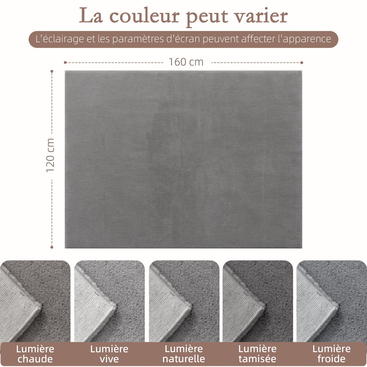 Tapis salon 160 x 120 cm tapis à poils longs, lavable en machine, antidérapant, en fausse fourrure, gris clair-2