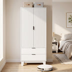 Armoire chambre penderie avec 2 portes à fermeture douce, 2 tiroirs et barre de suspension, 80x50x180cm, blanc-8
