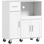 Desserte cuisine à roulettes, meuble micro onde, plateau coulissant, tiroir, placards 3 portes, 80x40x88,7cm, blanc-0