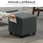 Repose pied salon, ottoman, siège rembourré capitonné en tissu aspect lin avec poche latérale, 35 x 35 x 35 cm, gris-4