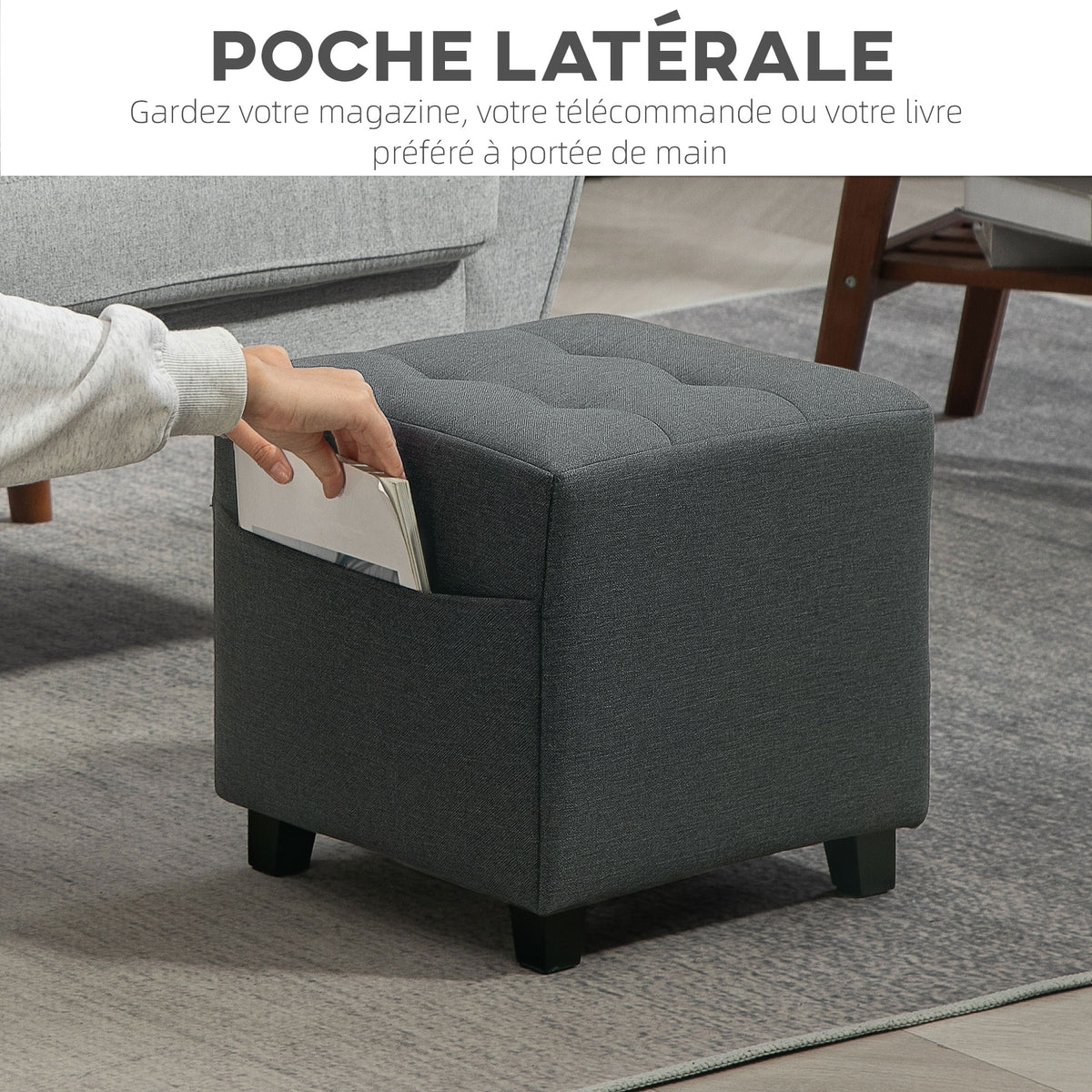 Repose pied salon, ottoman, siège rembourré capitonné en tissu aspect lin avec poche latérale, 35 x 35 x 35 cm, gris-4