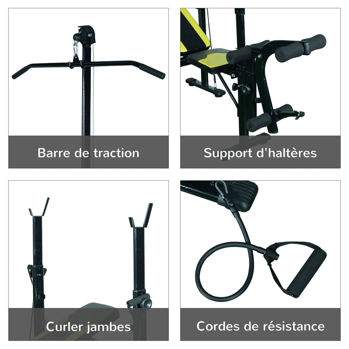 Banc de musculation Fitness entrainement complet dossier réglable cordes traction curler supports barre et haltères noir et jaune-6