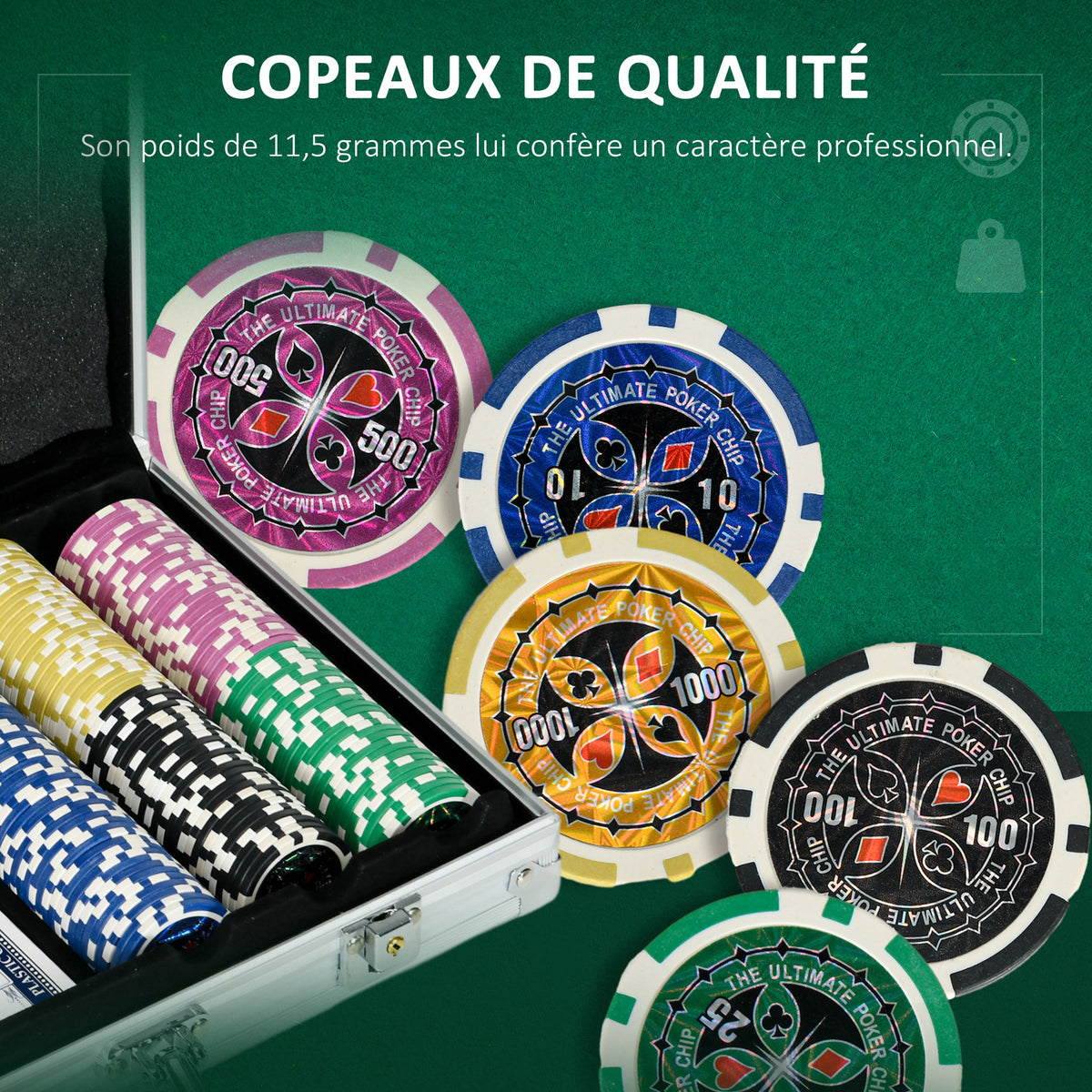Mallette de Poker Coffret de Poker Complet, verrouillable, avec 300 jetons 2 Jeux de Cartes 3 boutons 1 Tapis en Feutre-4